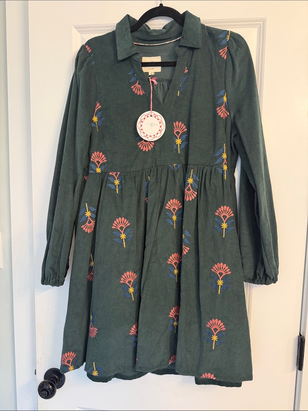 Umgee Forest Green Embroidered Corduroy Long Sleeve Dress